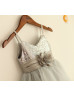 Spaghetti Straps V Neck Silver Sequin Gray Tulle Flower Girl Dress